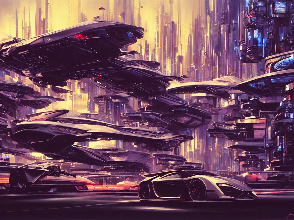 Prompt: hyperrealistic painting of a slice of life from a futuristic city, mechanical designs, futuristic cars, technological, night, elegant, cinematic, cyberpunk style, sharp focus, highly detailed!, realism, intricate, acrylic on canvas, 8 k resolution, concept art, by noriyoshi ohrai, john berkey, moebius