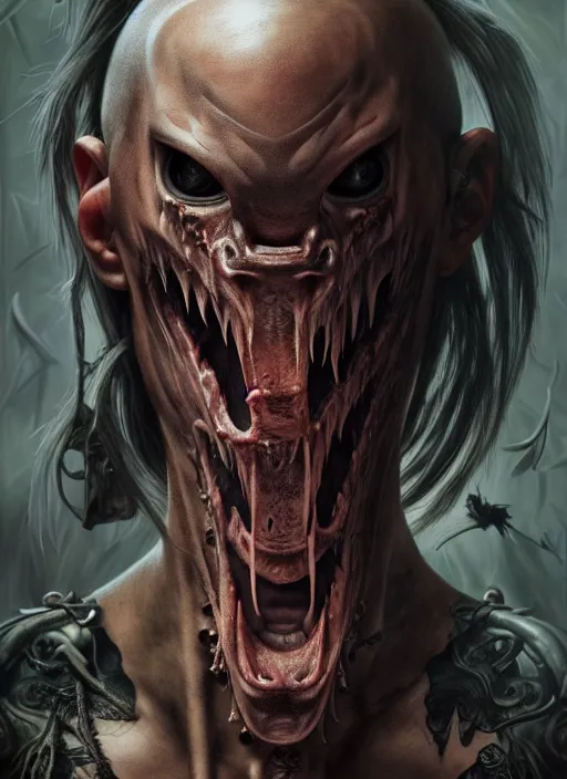 Prompt: ultra realistic, predator, male, fangs, goth, tattoos, leather, fantasy, flesh, bone, body horror, intricate details, eerie, highly detailed, octane render, 8 k, art by artgerm and alphonse mucha and greg rutkowski