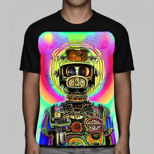 Image similar to a black tshirt with a hyperdetailed portrait of a meditating steampunk robot by robert crumb, 8 k, symetrical, flourescent colors, happy trippy mood, multicolored,