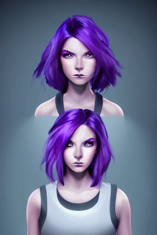 Prompt: character art of a young woman, purple hair, glowing purple eyes, 4 k, arstation, trending