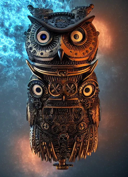 Image similar to steampunk aztec owl pocketwatch, intricate detail, volumetric lighting, epic composition, hyper detailed, ultra realistic, sharp focus, octane render, lava lamp, blue moon, volumetric, ray tracing, artstation trending, cgsociety, sense of awe, swirling mist, 4 k