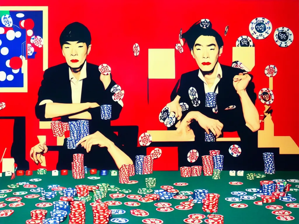 Image similar to hyper - realistic composition of a room with an extremely detailed poker table, croupier in traditional japanese kimono standing nearby fireworks in the background, pop art style, jackie tsai style, andy warhol style, acrylic on canvas