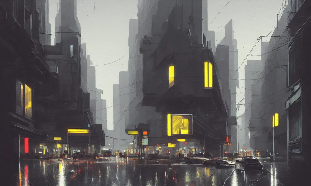 Image similar to photorealistic streetscape, simple brutalist architecture, metal, concrete, wet streets, white neon lights, neon signs, flying vehicles, pedestrians, greg rutkowski, syd mead, ralph mcquarrie, concept art, matte painting, finely detailed, minimal artifacts, rule of thirds, dynamic lighting, cinematic, denoised, centered, artstation