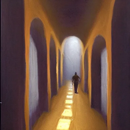 Image similar to a dungeon hallway with a single torch on the wall. a man is walking in the hallway, oil painting