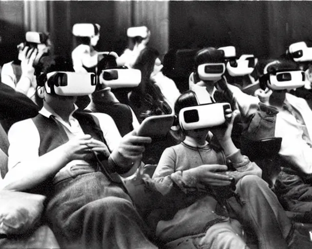 Image similar to 1 9 0 0 s photo of people using iphones ipods virtual reality headsets vr in a movie theater masterpiece