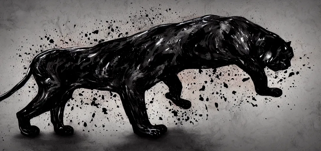 Image similar to the smooth panther, made of tar, sticky, full of tar, covered with tar, dripping tar, dripping tar, splattered tar, sticky tar. concept art, reflections, black goo, animal drawing, digital art, desktop background