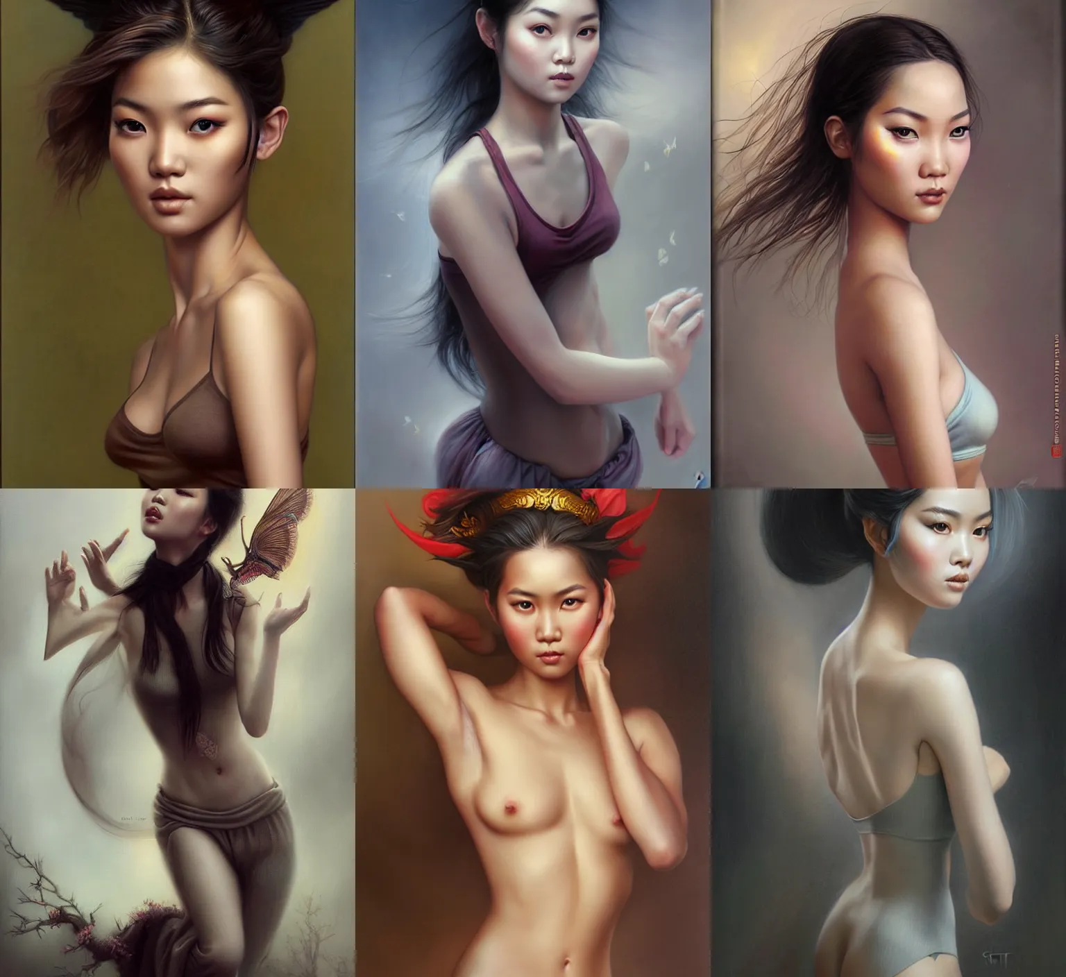 Prompt: a fantasy portrait painting of a beautiful Vietnamese nymph female wearing sweatpants, art by Stanley Artgerm, Tom Bagshaw