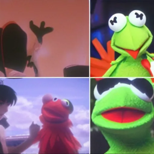 Image similar to Stills from the anime Neon Genesis Evangelion, Kermit the Frog from Sesame Street as an attacking angel