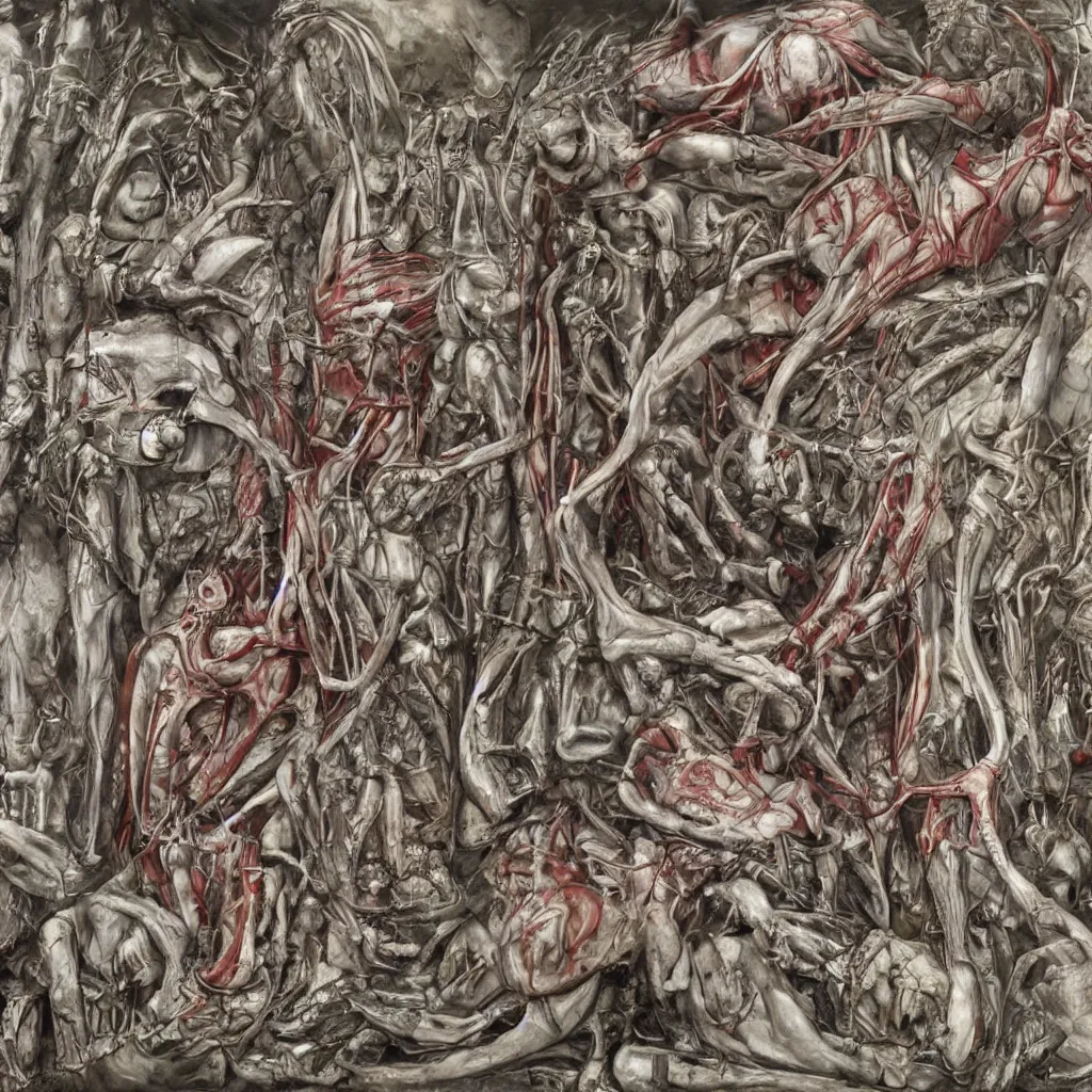 Image similar to realistic shot bloody bones, organs and flesh, biomechanical technology, natural light, by h r giger