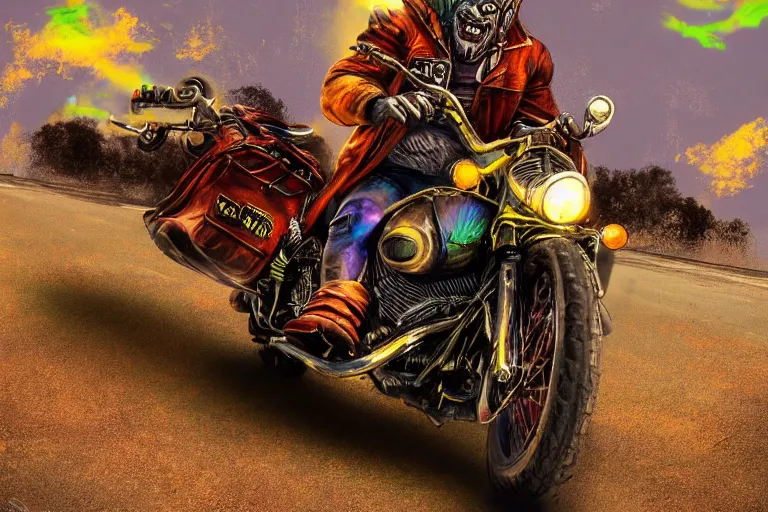 Image similar to high quality cinematic action shot of an orc doing a wheelie on a motorcycle, psychedelic blacklight airbrush art