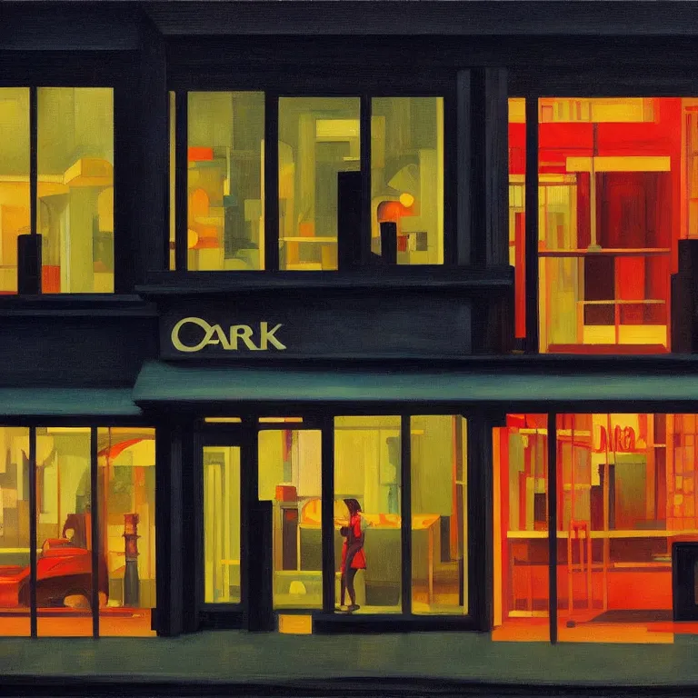 Image similar to dark city all stores closed, except one store glowing inside between dark closed stores, painted by Edward Hopper and James Gilleard, oil painting