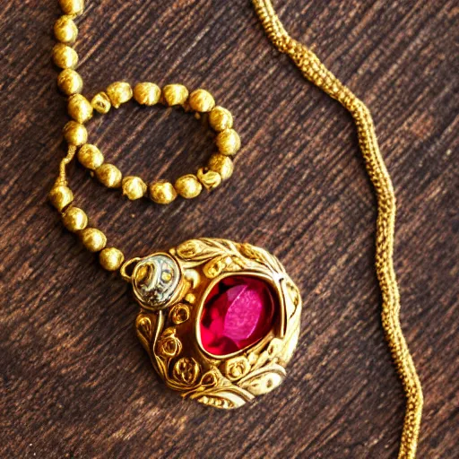 Prompt: macro shot of an intricately detailed!!! golden necklace with an embedded ruby gem, lying on a oak table indoors, sunlit day, f 0. 4