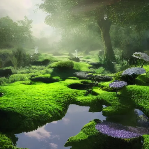 Prompt: found footage of a vast heavenly garden of peace, wide eden filled with surreal trees, stone slab, colourful wild flowers, moss sheds, fern towers, small stream and puddles, birds singing, early morning mild lighting, volumetric lighting, hyper realistic