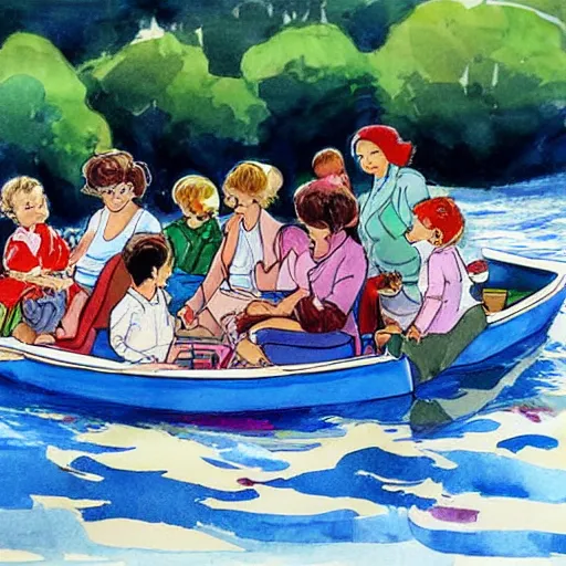 Prompt: The drawing depicts a group of well-dressed women and children enjoying a leisurely boat ride on a calm day. The women are chatting and laughing while the children play with a toy boat in the foreground. by Dustin Nguyen, by William Wray delicate