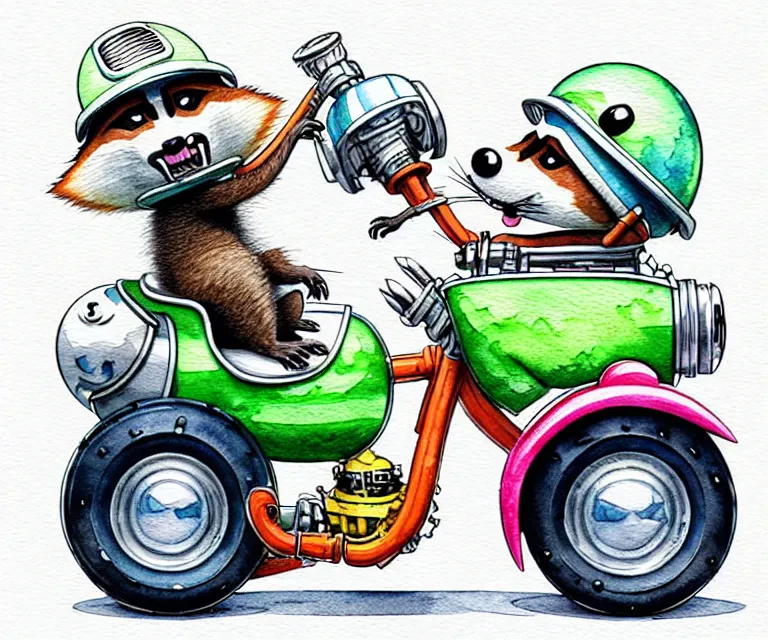 Prompt: cute and funny, racoon wearing a helmet riding in a tiny streetrod with oversized engine, ratfink style by ed roth, centered award winning watercolor pen illustration, isometric illustration by chihiro iwasaki, edited by range murata, tiny details by artgerm and watercolor girl, symmetrically isometrically centered