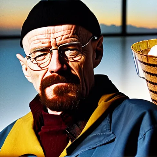 Image similar to walter white holding an ice cream sundae, sharp focus