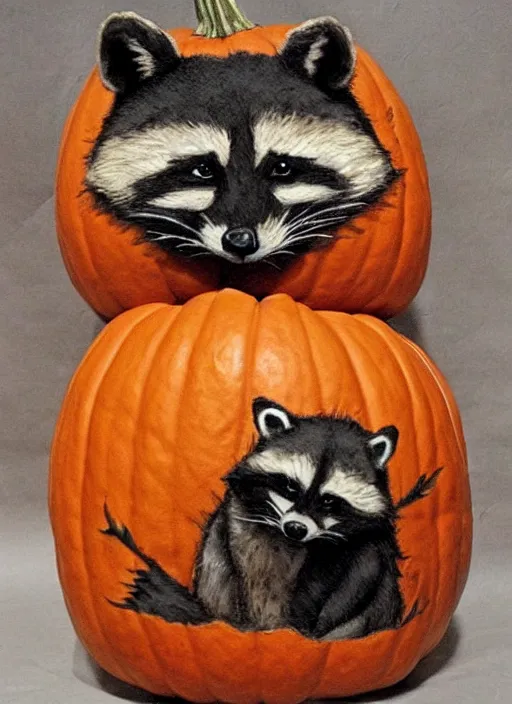 Prompt: halloween pumpkin in the shape of a raccoon by Rebecca Guay art, high quality, highly detailed,