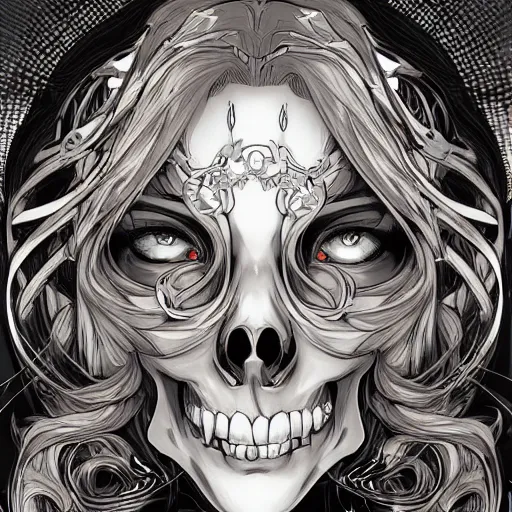 Image similar to anime manga skull portrait woman comic skeleton illustration style by alphonse mucha and artgerm, dramatic lighting, pop art nouveau
