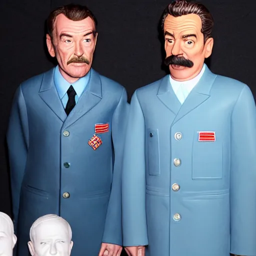 Image similar to wax figures of bryan cranston selling a ziploc of baby blue meth to stalin