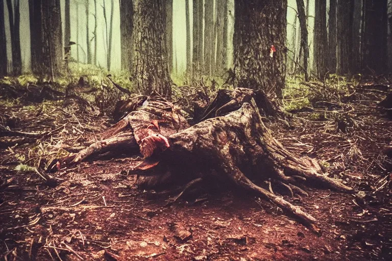 Image similar to terrible dark forest in the depths of which there is a thick butcher in a dirty shirt, chopping meat on a wooden stump, filmed hidden on a phone camera, Cinematic, wildlife photography, 35mm, photo on iphone