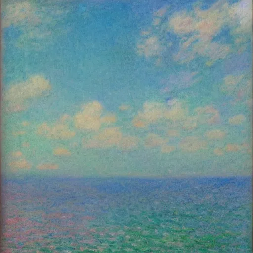 Image similar to Sea like jelly, Rainbow sheep like cotton candy，dreamy, soft , highly detailed, in the style of Oscar-Claude Monet