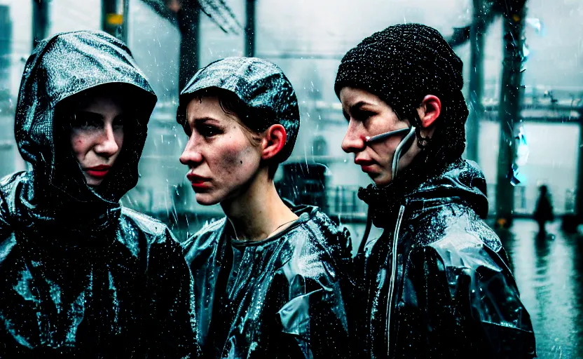 Image similar to cinestill 5 0 d candid photographic portrait by helen levitt of two cyberpunks wearing rugged silver mesh techwear in treacherous waters, extreme closeup, modern cyberpunk moody depressing cinematic, pouring rain, 8 k, hd, high resolution, 3 5 mm, f / 3 2, ultra realistic faces, ex machina