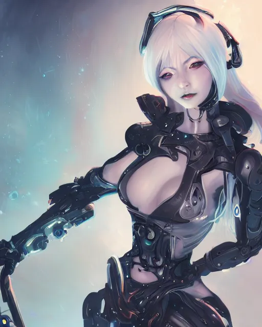 Image similar to holy cyborg necromancer girl, elegant, perfect face, scifi, futuristic, utopia, garden, illustration, atmosphere, warframe, blue eyes, white hair, focused, artstation, nier automata, highly detailed, art by yuhong ding and chengwei pan and serafleur and ina wong