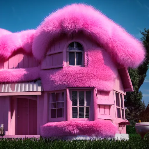 Image similar to extremly detailed house made of pink fluffy fur, photorealistic, high details, 8 k, sharp focus, octane render, volumetric light