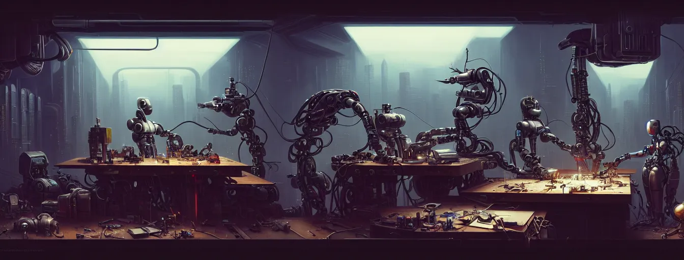 Prompt: robot repair workshop, blade runner artifacts, cyberpunk tech, ultrarealistic, futuristic, three point lighting, dramatic lighting, electrical details, high details, 4 k, 8 k, best, accurate, trending on artstation, photorealism, digital painting, style of peter mohrbacher, caravaggio, vitaly bulgarov