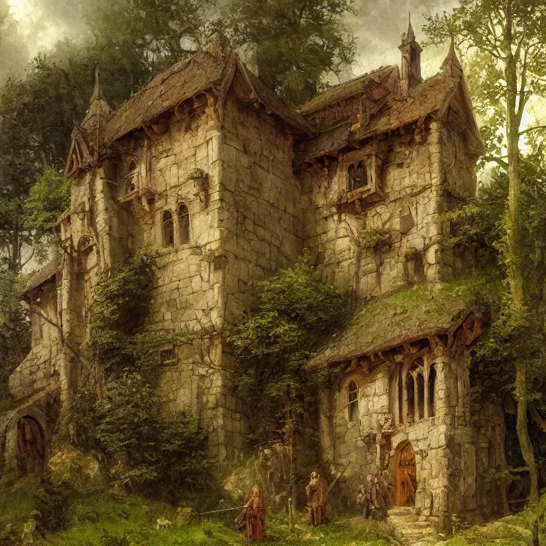 Image similar to a detailed painting of a medieval building in forest. fantasy poster. lord of the rings style. cinematic fantasy scene. fantasy. carl spitzweg. renaissance elements. renaissance element. oil painting. award winning. trending on artstation. 8 k