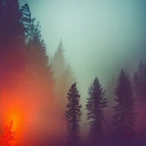 Image similar to a foggy forest clearing at night softly lit by multicolored lights, 8k, photo, rule of thirds,