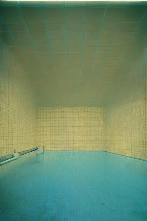 Image similar to non euclidean tiled swimming pool pipes, 1 9 6 0 s, color bleed, ektachrome photograph, volumetric lighting, f 8 aperture, cinematic eastman 5 3 8 4 film stanley kubrick