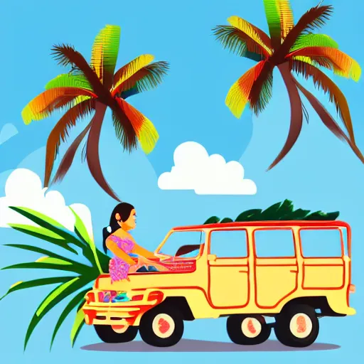 Prompt: a jeepney, palm tree, philippine sun and filipino girl wearing traditional clothes, stylized vector art, white background, trending on artstation