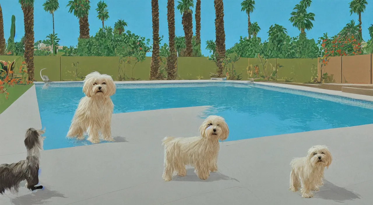 Image similar to a cream colored havanese dog at the swimming pool at a mid century modern house in palm springs by david hockney