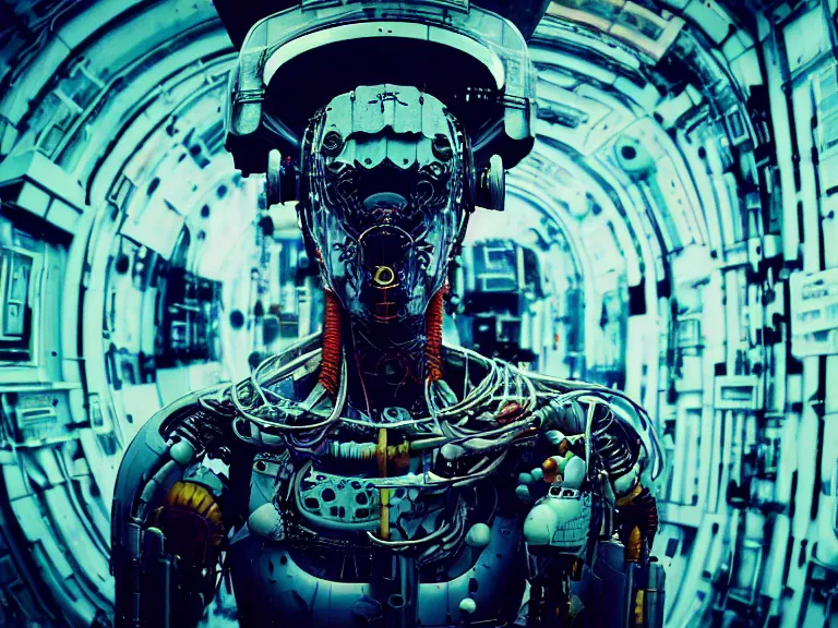 Image similar to hyperrealism aesthetic photography of a detailed hyperrealism prompt engineer, wearing damaged neofuturistic sci - fi neural suit designed by josan gonzalez, rotting, blood, fear. hyperrealism scene from hyperrealism studio ghibli movie in style of alejandro jodorowsky and wes anderson hyperrealism photo by araki nobuyoshi and ridley scott and denis villeneuve, low light