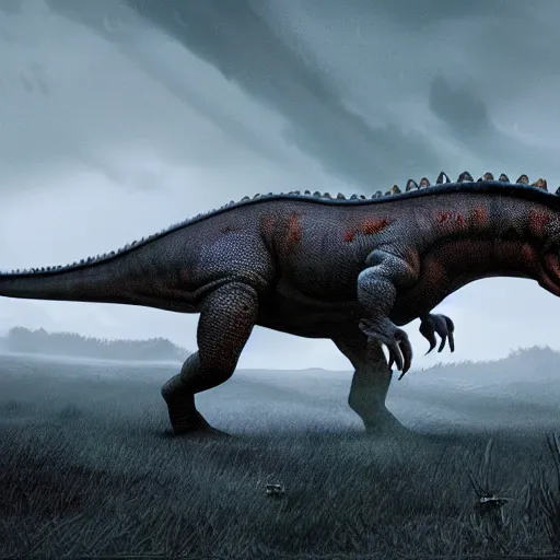 Image similar to Majestic dinosaur striding through field, eerie, lovecraftian, moody, concept art, cinematic