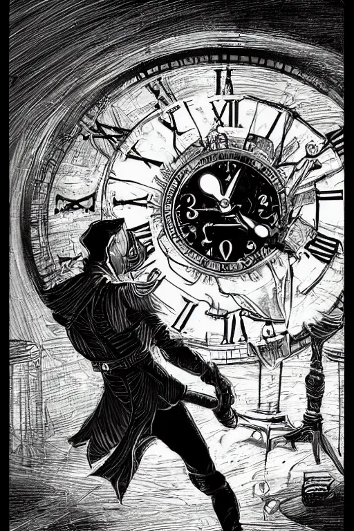 Prompt: a illustration of a chronomancer bending the time in a dark room with a table shaped as a clock, trending on artstation