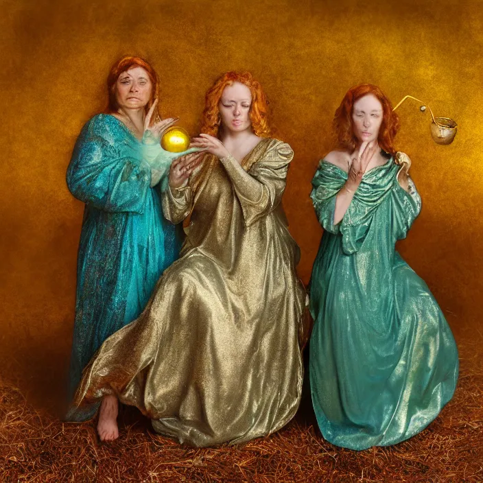 Image similar to a color photograph, closeup portrait of three women wrapped in gold, the three fates, standing next to a levitating turquoise orb, in a misty pond, color photograph, by vincent desiderio, canon eos c 3 0 0, ƒ 1. 8, 3 5 mm, 8 k, medium - format print