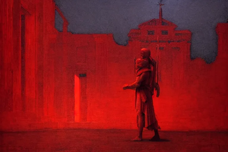 Image similar to only with red, caesar after war, a red tiger, in hoc signo vinces, rome in background, an ancient path, in the style of beksinski, part by hopper, part by rodcenko, part by hofbauer, intricate composition, red by caravaggio, insanely quality, highly detailed, masterpiece, red light, artstation