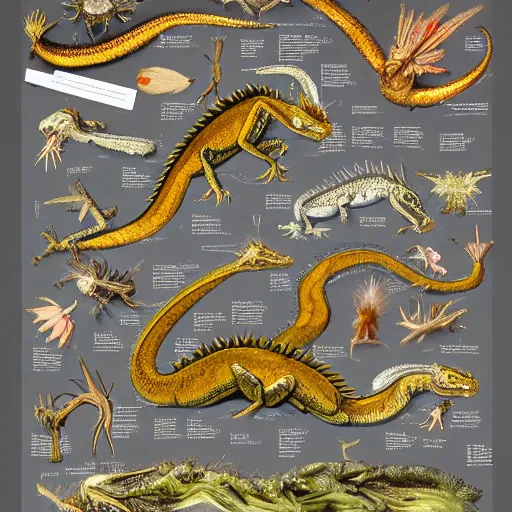 Prompt: an illustrated field guide to european dragons showing examples of males and females of each spicies, biological illustrations, art by john james audubon robert stebbins and terryl whitlatch and david sibley and charles darwin, highly detailed, intricately detailed, 8 k, trending on artstation