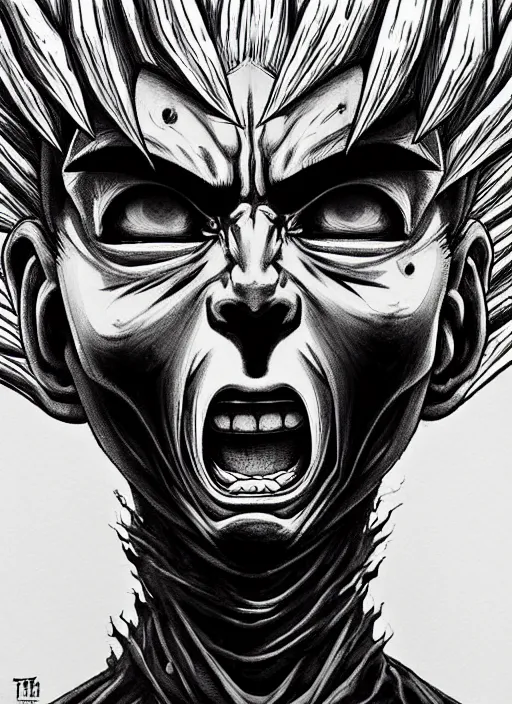 Prompt: a dream portrait of goku as god of the death, black & white, melting, webbing, 8 k, by tristan eaton, stanley artgerm, tom bagshaw, greg rutkowski, carne griffiths, ayami kojima, beksinski, giger, trending on deviantart, face enhance, hyper detailed, minimalist, horror, alien