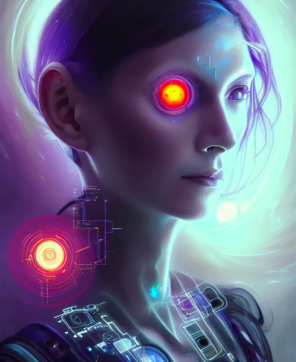 Image similar to a whirlwind of souls rushing inside the metaverse, hologram, half body, neurochip, shaved temple, piercing, jewelry, android, cyborg, cyberpunk face, by loish, d & d, fantasy, intricate, elegant, highly detailed, colorful, digital painting, artstation, concept art, art by artgerm and greg rutkowski and alphonse mucha