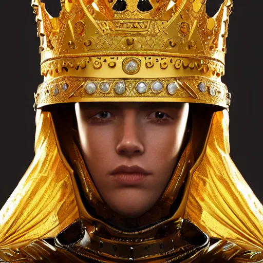 Prompt: a highly detailed full-length knight in a golden helmet and crown with a diamond in the center, golden armor, leather clothes under the armor, leather gloves, king artstation, DeviantArt, professional, octane render, epic, blender