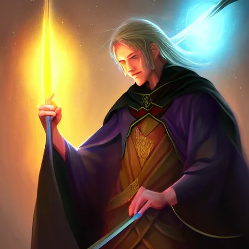 Image similar to Young, handsome wizard with a blonde ponytail wearing exquisite black robes, a spider cloak and wielding a legendary staff of light. Magic flux. High fantasy, digital painting, HD, 4k, detailed.