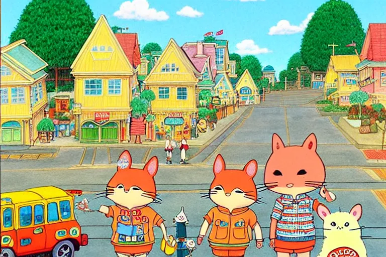 Image similar to an elaborate painting of a peaceful neighborhood, detailed, penned illustrations, by richard scarry and studio ghibli!!!!!!!!!!!