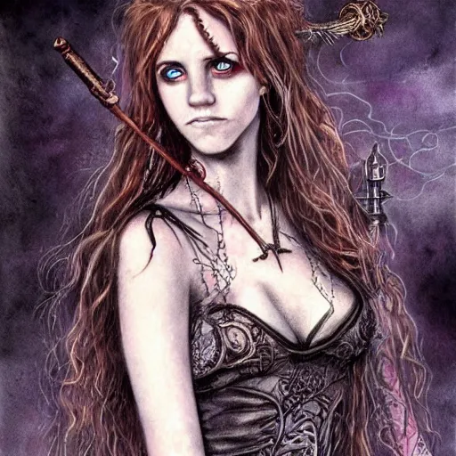 Image similar to dressed Hermione in tattoos conjuring with a magic wand, by luis royo, beautiful gown, beautiful eyes, Beautiful face, high detail, high resolution