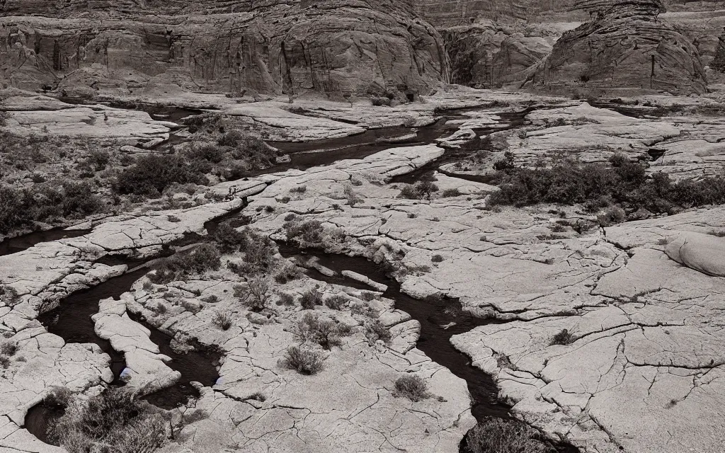 Image similar to “a dried up river bend running through a canyon surrounded by desert mountains at sunset, moab, utah, a tilt shift photo by Frederic Church, ansel adams, trending on unsplash, hudson river school, national geographic photo”