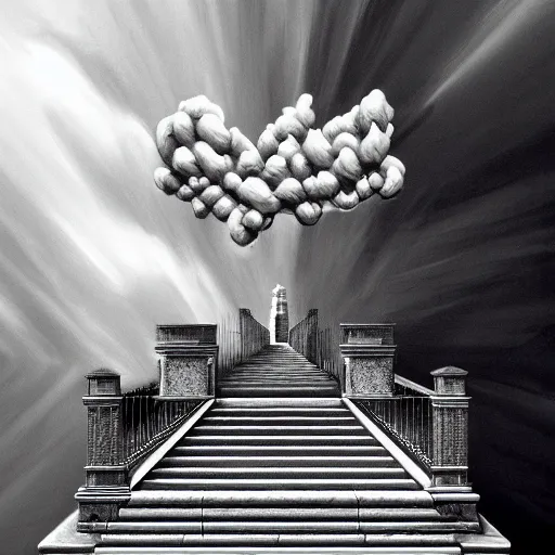 Image similar to A black and white freemasonic chequered surrealist digital painting of a stairway to into the clouds in the art style of jeff koons, Gilbert williams, Edwin Frederic Church and Christopher Balaskas, trending on artstation, 4k UHD