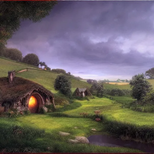 Prompt: Hobbiton by the river at the countryside in the evening, highly detailed matte painting, Alan Lee, Artstation,