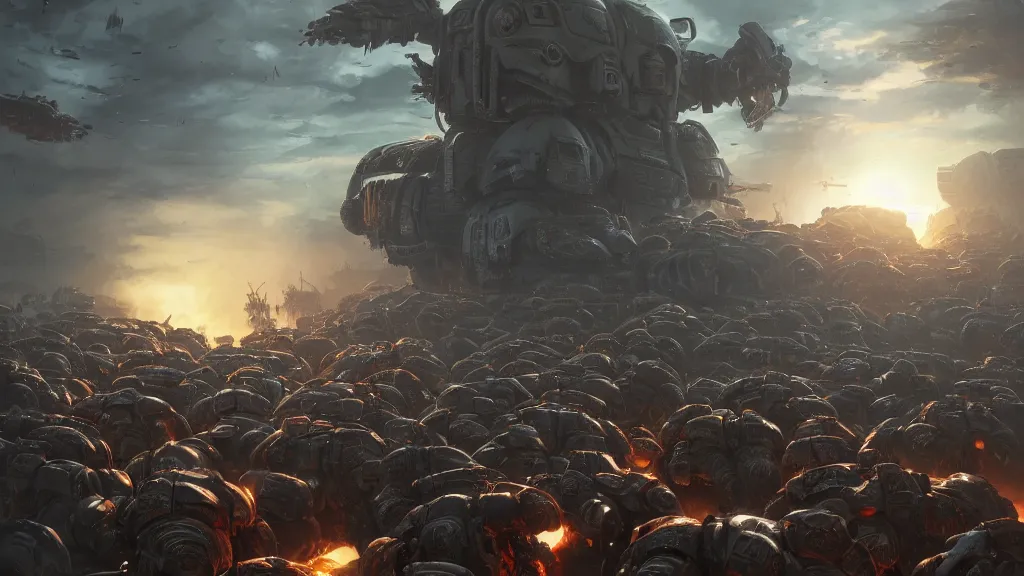 Image similar to a photorealistic hyperrealistic render of an epic close quarters last stand battle between an outnumbered squad of space marines and genestealers from warhammer 4 0 k by greg rutkowski, james paick, wlop, nicolas bouvier sparth, artgerm, dramatic moody sunset lighting, long shadows, volumetric, cinematic atmosphere, octane render, artstation, 8 k